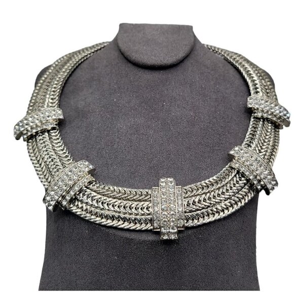 Silver Tone Mesh Collar Necklace Rhinestone Studded Woven 18" Chain - Picture 3 of 15